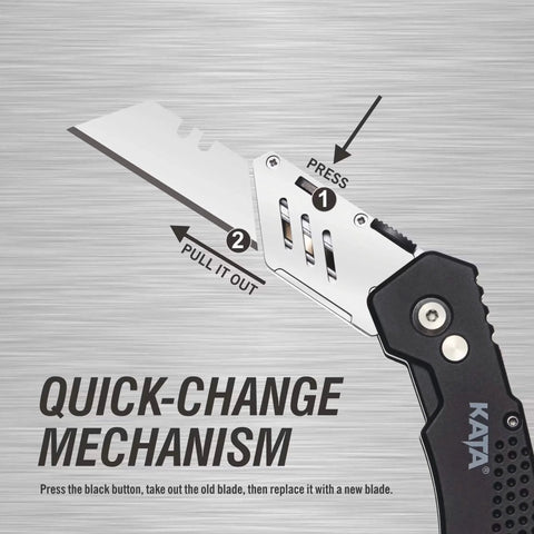 3 Pack Folding Utility Knife Set With Zinc Alloy Body, Quick Change Blades, Lock Back, demonstrating blade replacement mechanism