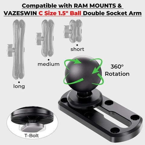 4 Inch Tough Track Kayak Mount Base With 1.5 Inch Ball T Bolt Track Rail Compatible With RAM Mounts showing socket arm options
