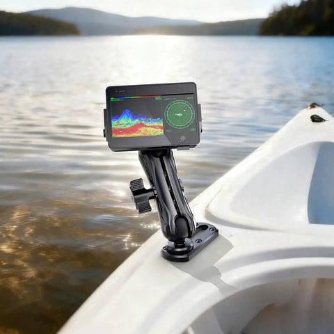 Kayak with 4 Inch Tough Track Mount Base with 1.5 Inch Ball T Bolt Track Rail, holding fish finder, on water, stainless screws visible
