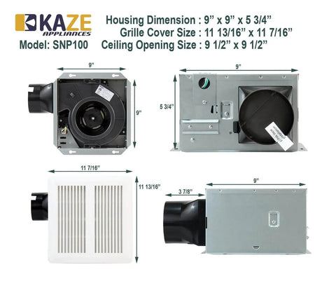 Dimensions and components of Easy Install 100 CFM Bathroom Exhaust Fan With Ultra Quiet 0.8 Sone Operation Energy Star Certified No Attic Access Required SNP100 By Kaze Appliance