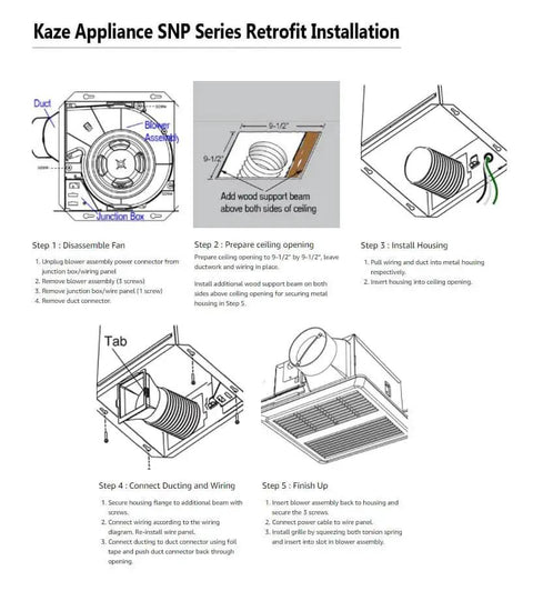 Easy Install 100 CFM Bathroom Exhaust Fan With Ultra Quiet 0.8 Sone Operation Energy Star Certified No Attic Access Required SNP100 By Kaze Appliance installation steps.