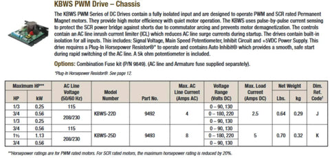 Diagram and specifications for PWM DC Drive For Permanent Magnet Motors, Single Phase 115 230V AC Input, 90-130V DC Or 180-220V DC Output.