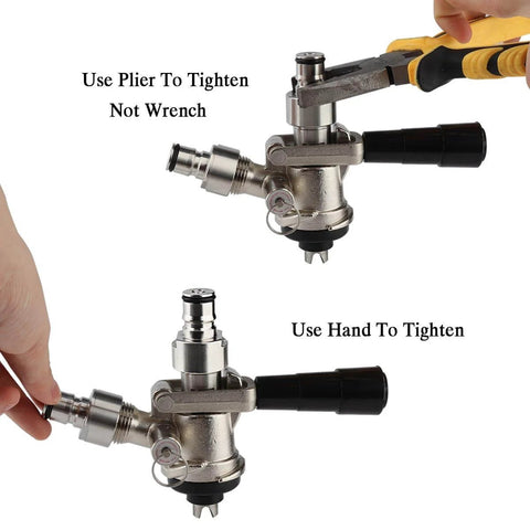Ball Lock To Sankey Keg Adapter Conversion Kit In Stainless Steel With Food Grade Silicone Washers shown with plier and hand tightening.