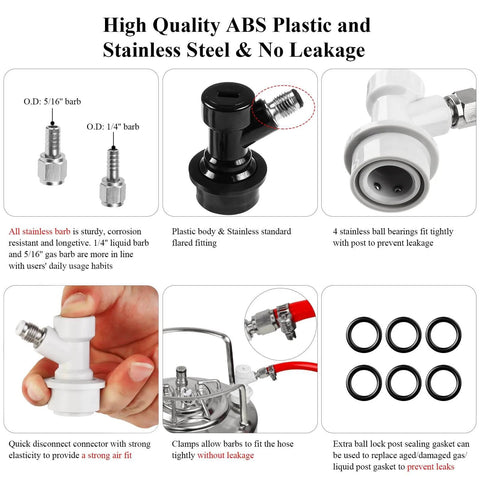 Ball Lock Keg Post Quick Disconnect Set For Corny Kegs Stainless Steel Homebrew Connectors 19/32-18 Female Thread Gas And Liquid Posts Includes 1 Pair Keg Post Fittings With Hose Clamps Durable Easy Install, shown with barb fittings, hose clamps, and O-rings.