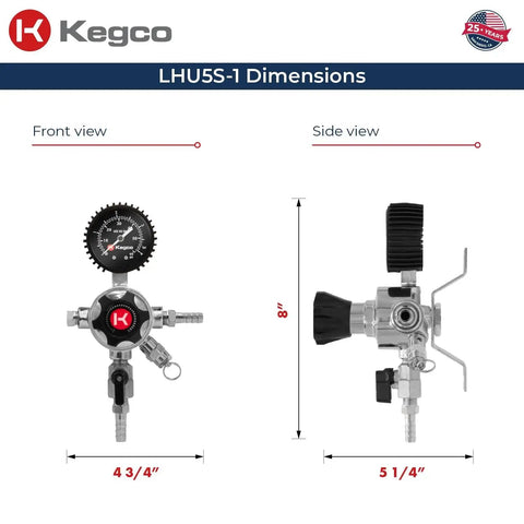 Front and side view of Elite Series Secondary Regulator For Multi Keg Draft Systems From Kegco with dimensions