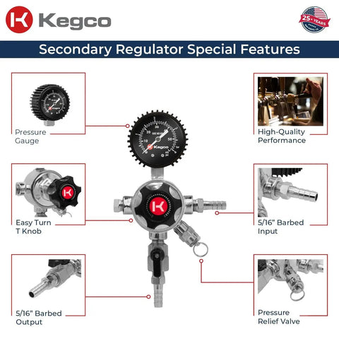 Elite Series Secondary Regulator For Multi Keg Draft Systems From Kegco with detailed features including pressure gauge and T knob.
