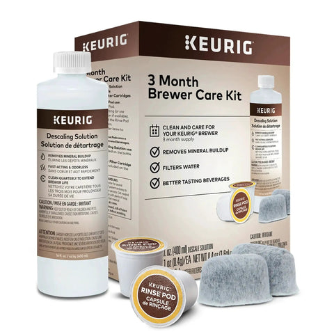 3 Month Brewer Maintenance Kit For Keurig Coffee Makers Includes Descale Solution Two Water Filter Cartridges And Four Rinse Pods Compatible With Classic 1 And 2 K Cup Machines Seven Count package and contents