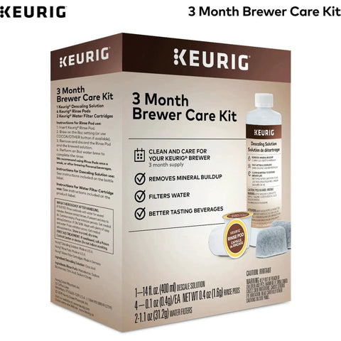 3 Month Brewer Maintenance Kit For Keurig Coffee Makers Includes Descale Solution Two Water Filter Cartridges And Four Rinse Pods Compatible With Classic 1 And 2 K Cup Machines Seven Count box front view.