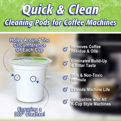 6-Pack Cleaning Pods safely clear oils and residue from the brew path, showing one pod with labeled features and benefits.