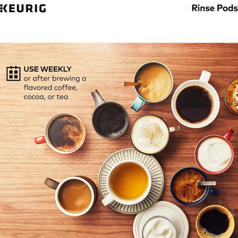 3 Month Brewer Maintenance Kit For Keurig Coffee Makers Includes Descale Solution Two Water Filter Cartridges And Four Rinse Pods Compatible With Classic 1 And 2 K Cup Machines Seven Count image showing various coffee cups on a wooden table.