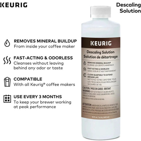 Bottle of descaling solution from 3 Month Brewer Maintenance Kit For Keurig Coffee Makers Includes Descale Solution Two Water Filter Cartridges And Four Rinse Pods Compatible With Classic 1 And 2 K Cup Machines Seven Count