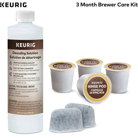 3 Month Brewer Maintenance Kit For Keurig Coffee Makers Includes Descale Solution Two Water Filter Cartridges And Four Rinse Pods Compatible With Classic 1 And 2 K Cup Machines Seven Count with descaling solution bottle, rinse pods, and filter cartridges.
