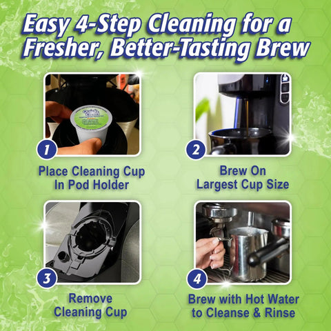 4-step cleaning process using 6-Pack Cleaning Pods safely clear oils and residue from the brew path for better-tasting coffee.