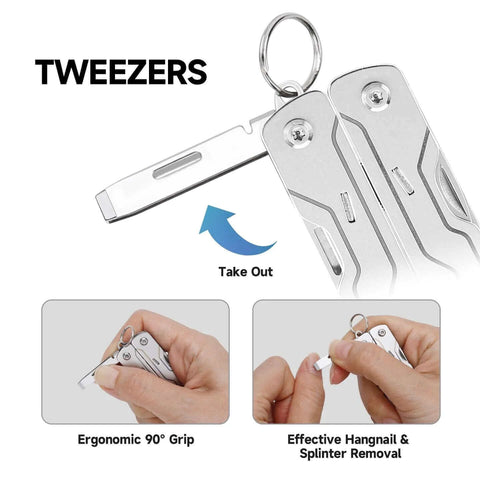 8 In 1 Mini Keychain Multitool With Serrated Scissors, File, Tweezers, showcasing ergonomic use of tweezers for hangnail removal.