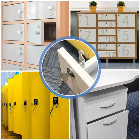 Keyed alike cam lock set with a one and one eighth inch cylinder that fits panels up to nine tenths inch thick, ideal for securing cabinet drawers and RV camper storage, zinc alloy construction, easy mounting through a three quarter inch hole, installed on cabinets and drawers.