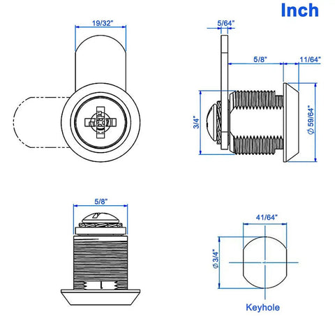 Technical diagram of a 5/8 inch cam lock; dimensions for secure cabinets, drawers, mailboxes, and tool boxes, zinc alloy chrome finish.