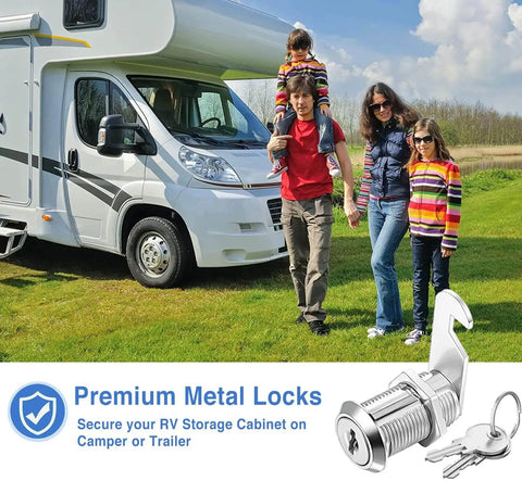 Keyed alike cam lock set with a one and one eighth inch cylinder that fits panels up to nine tenths inch thick, ideal for securing cabinet drawers and RV camper storage, zinc alloy construction, easy mounting through a three quarter inch hole.