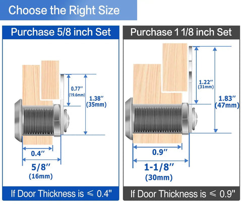 Diagram showing keyed alike cam lock set with a one and one eighth inch cylinder that fits panels up to nine tenths inch thick.