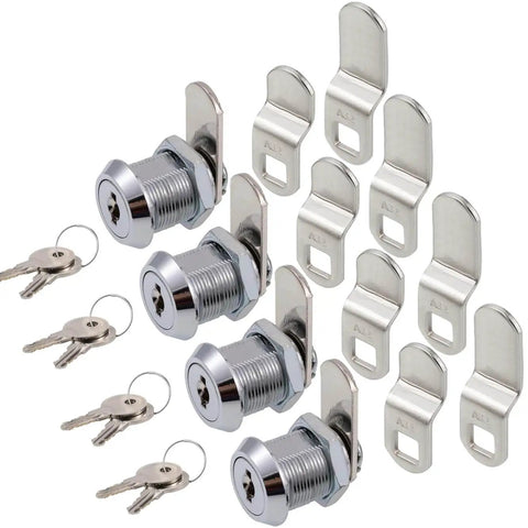 Secure cabinets, drawers, mailboxes and tool boxes with 5/8 inch keyed-alike cam locks; durable zinc alloy chrome finish, four pack