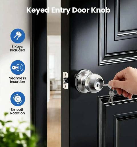 Hand using key in Keyed Entry Door Knob With Quick Exit Thumbturn For Bedroom And Office Security, brushed nickel finish on black door.