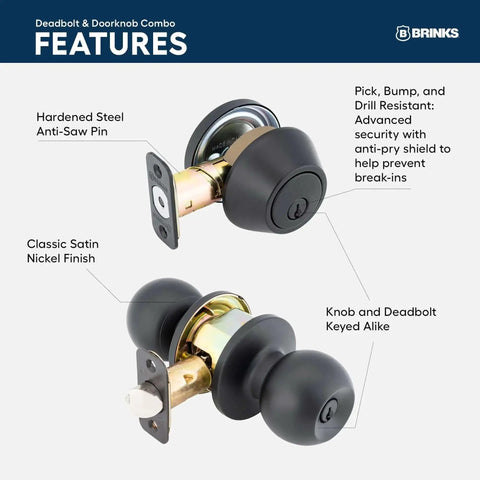 Keyed Entry Door Knob And Deadbolt Combo 3 Pack Matte Black No Brainer Install With Keyed Alike Lock Set details with features