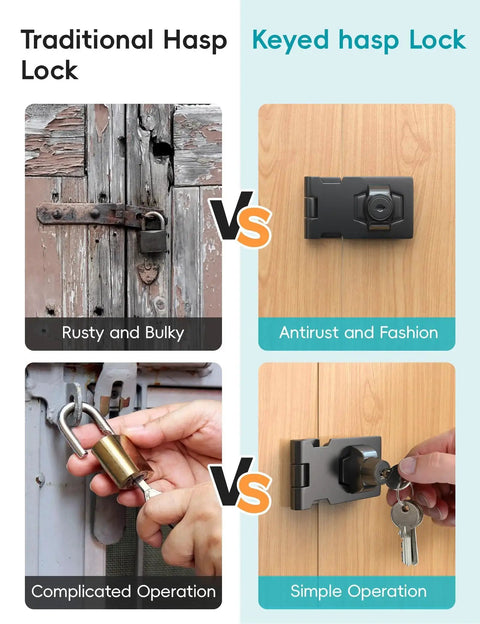 Comparison of traditional hasp lock with rusty finish and complicated operation vs 2.5 Inch Keyed Hasp Lock for cabinets with twist knob design