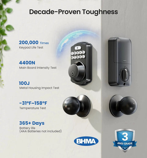 Keyless Entry Door Lock With Two Knobs And Electronic Backlit Keypad Deadbolt Auto Lock Up To 20 User Codes Smart Front Door Lock With Handle Set Easy To Install Matte Black Finish Enhanced Home Security For Exterior Doors displayed with durability test icons beside it.