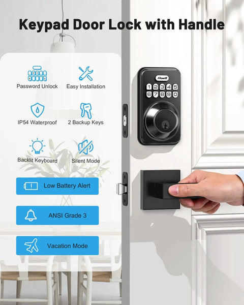 Keyless entry door lock with two lever handles provides secure, convenient access for homes and rentals, autolocks after a set time, backlit keypad with antipeeping password, ANSI Grade 3 security, IP54 weather resistance, and long battery life shown installed on door.