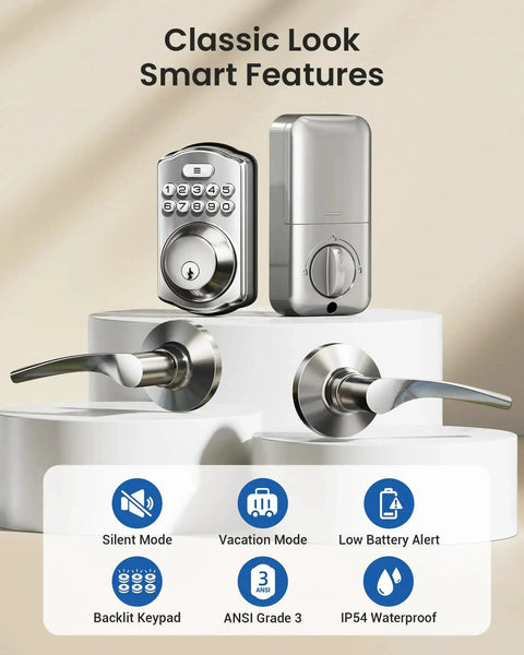 Keyless Entry Door Lock With Dual Lever Handles And Electronic Keypad Deadbolt for easy installation in satin nickel finish.