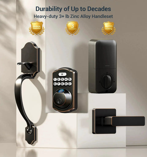 Secure, keyless entry with a lever handle fingerprint door lock set featuring an electronic keypad and autolock displayed