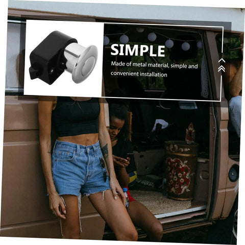 Unomor RV drawer lock push-button latch with metal body and black housing for cabinet doors on trailers and RVs.
