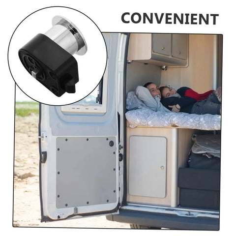 Unomor RV drawer lock push-button latch, black plastic housing with silver metal push button, marine-grade.