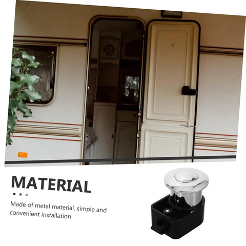 Unomor RV drawer lock push-button latch for cabinet doors; chrome button on black housing, marine-grade metal.