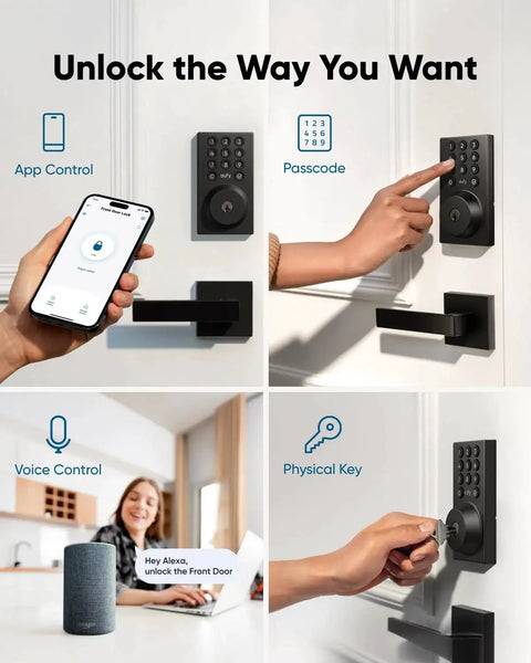"Keyless Entry Smart Lock With Built In WiFi Keypad Deadbolt For Front Door No Bridge Required Easy Installation With App Remote Control Auto Lock And Voice Control Battery Level Indicator And Secure Access Management BHMA Grade 3" shown in various usage scenarios, including app, passcode, voice, and physical key control.