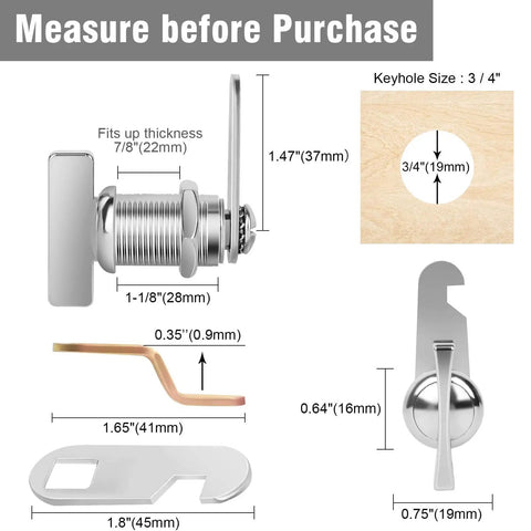 Diagram showing secure cabinets and RV compartments with keyless thumb cam locks, 1-1/8 inch size, offset design, for thin panels.