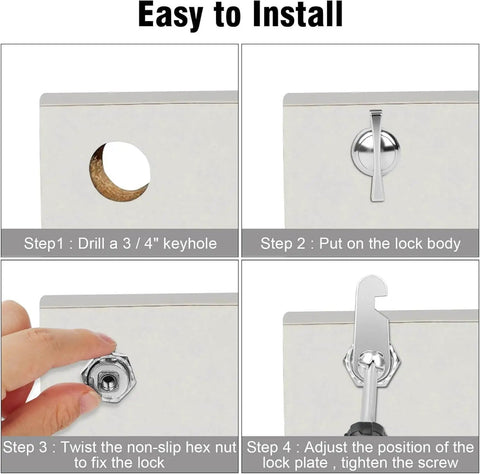 Installation steps for keyless thumb cam locks for cabinets, RV storage and compartments, showing 1-1/8 inch lock design.