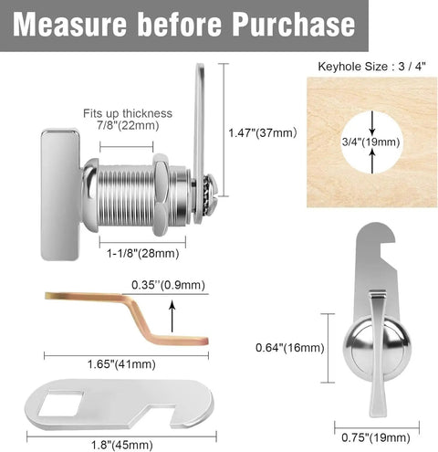 Diagram of keyless thumb cam lock for cabinets, RV storage, and compartments with dimensions 1-1/8 inch, metal construction.