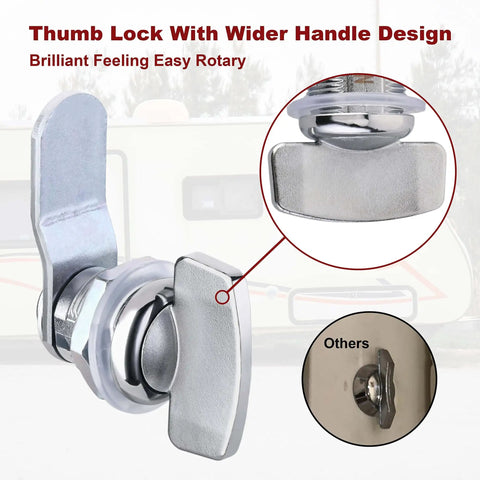 Keyless thumb twist cam lock for RVs, boats, storage compartments and outdoor showers provides easy one-handed operation
