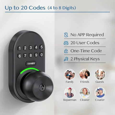 Keypad Smart Door Knob Lock With Backlit Keypad Keyless Entry For Front Door Aluminum Alloy IP54 Weatherproof, supports 20 user codes