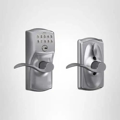 Camelot Keypad Entry Door Lock With Flex Lock And Accent Levers In Brushed Chrome For Keyless Entry, Auto Relock, Front View