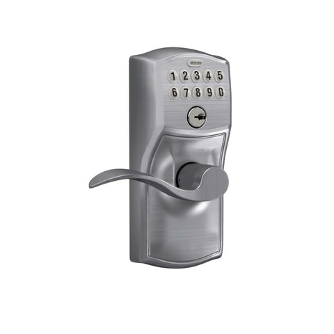 Camelot Keypad Entry Door Lock With Flex Lock And Accent Levers In Brushed Chrome For Keyless Entry, Auto Relock, Two Pre-Programmed Codes
