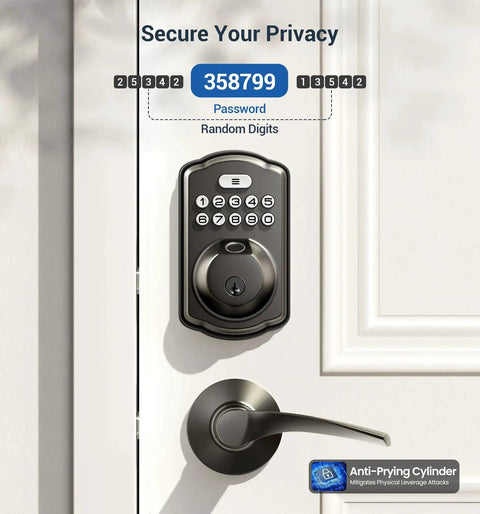 Smart fingerprint door lock with keypad and dual lever handles offers 0.3 second fingerprint unlock, on white door