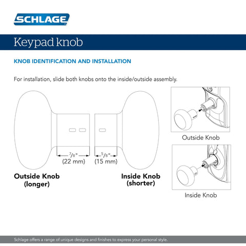 Diagram showing installation of Schlage keypad knob with labels for outside and inside knobs, illustrating measurements.