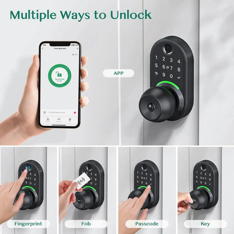 Upgrade your entry security with a keypad smart door lock featuring a durable aluminum body, knob handle, and five unlock methods: app, PIN, fingerprint, fob, and key for safer, easier, hands-free access to your front door. Black aluminum keypad smart door lock with smartphone app control, fingerprint reader, fob, passcode, and key access displayed.