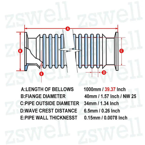 Diagram of KF25 Stainless Steel Bellows 1000mm Corrugated Vacuum Hose ISO NW25 with dimensions and specifications