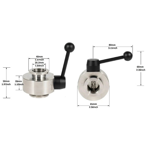 Industrial KF25 Vacuum Butterfly Valve In 304 Stainless Steel With FKM O Ring and Black Handle, dimensions shown for high purity use