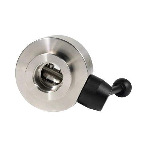 Industrial KF25 Vacuum Butterfly Valve In 304 Stainless Steel With FKM O Ring And Black Handle, top view.