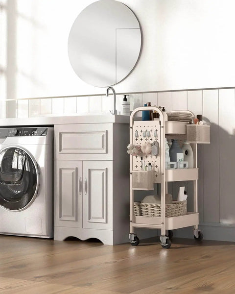 3 Tier Rolling Cart With DIY Pegboard Panels, Metal Utility Cart On Wheels Featuring Adjustable Front Or Side Pegboards in laundry room