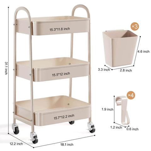 Khaki 3 Tier Metal Utility Rolling Cart with Lockable Wheels and Mesh Storage Baskets, shown with accessories attached.
