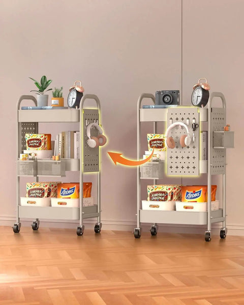 Two 3 Tier Rolling Carts With DIY Pegboard Panels, Metal Utility Carts On Wheels Featuring Adjustable Front Or Side Pegboards, Beige